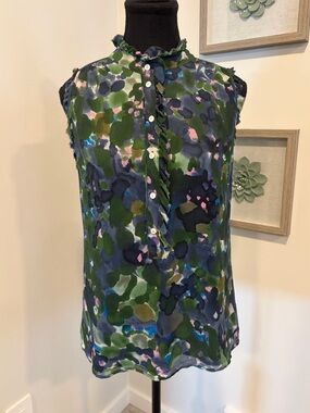 J. Crew Green, Navy & Pink Abstract Sleeveless Ruffle-Trim Silk Blouse EUC